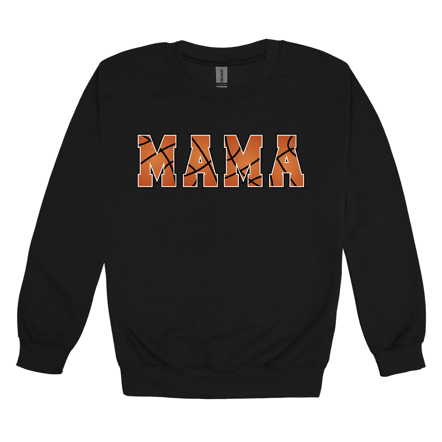 Mama Basketball design shown on Black adult Gildan crewneck sweatshirt.