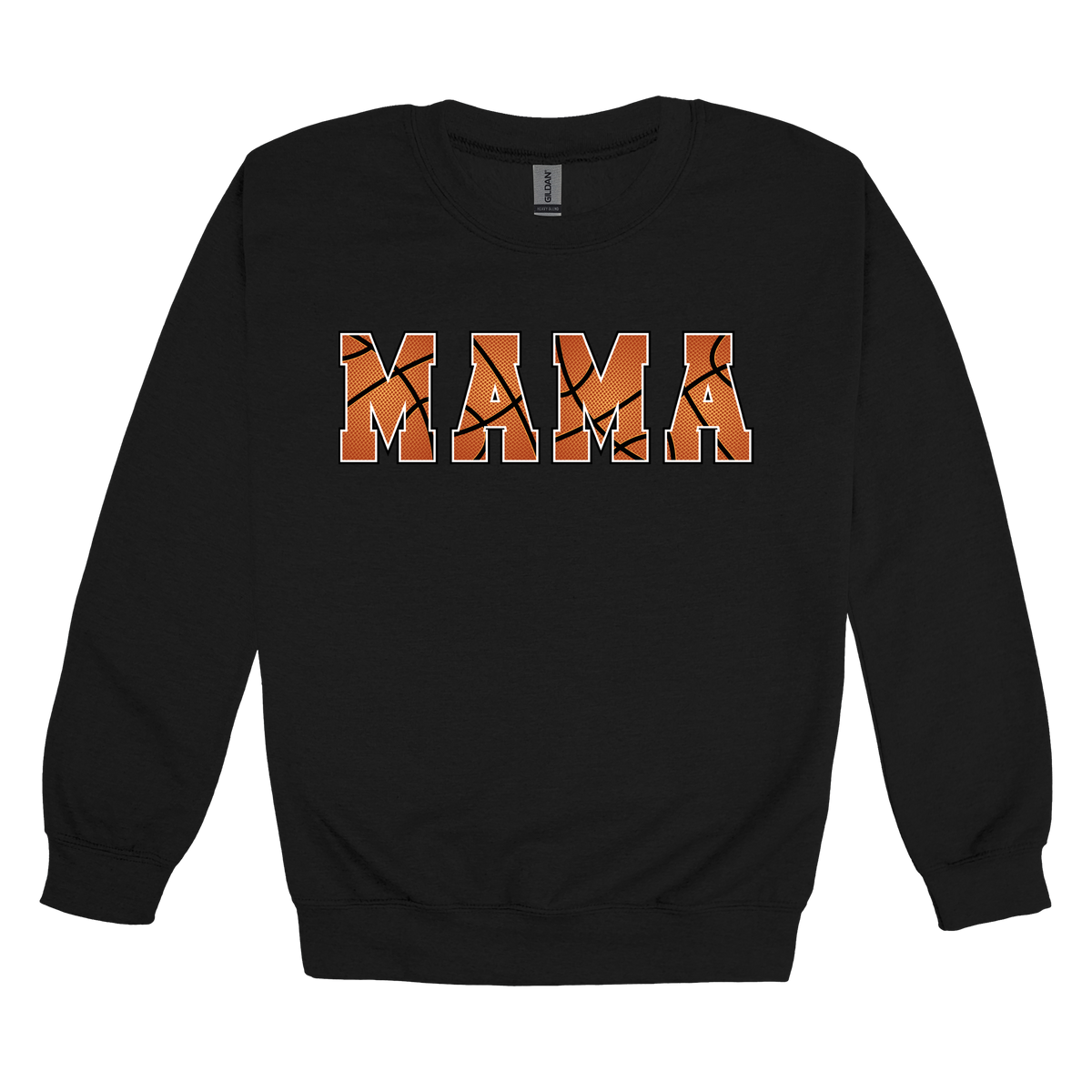 Mama Basketball design shown on Black adult Gildan crewneck sweatshirt.
