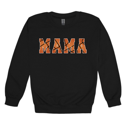Mama Basketball design shown on Black adult Gildan crewneck sweatshirt.