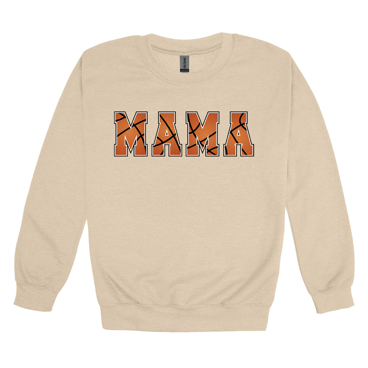 Mama Basketball design shown on Sand adult Gildan crewneck sweatshirt.