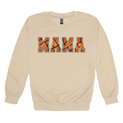 Mama Basketball design shown on Sand adult Gildan crewneck sweatshirt.