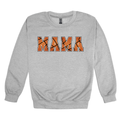 Mama Basketball design shown on Sport Gray adult Gildan crewneck sweatshirt.
