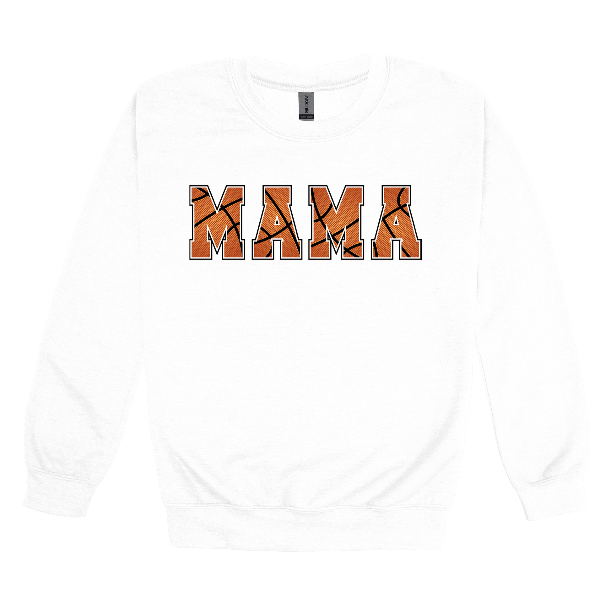 Mama Basketball design shown on White adult Gildan crewneck sweatshirt.