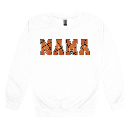 Mama Basketball design shown on White adult Gildan crewneck sweatshirt.