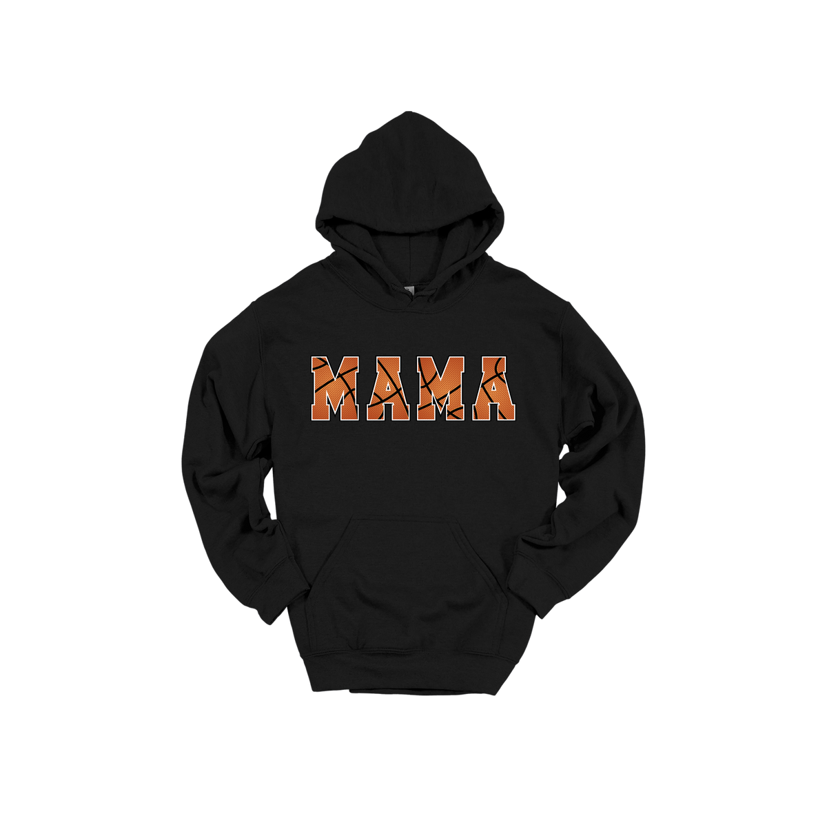 Mama Basketball design shown on Black adult Gildan hoodie.