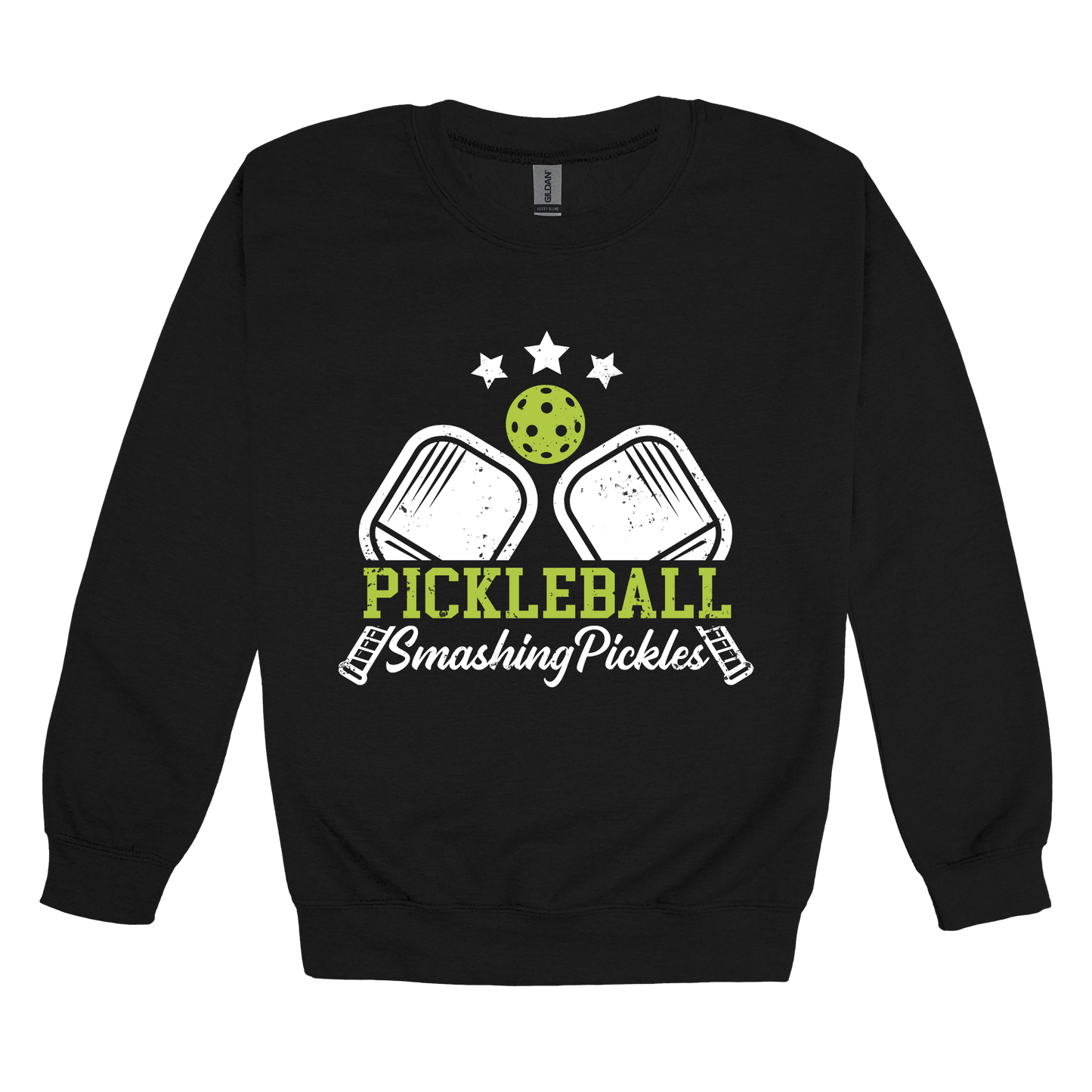 Pickleball design shown on Black adult Gildan crewneck sweatshirt.