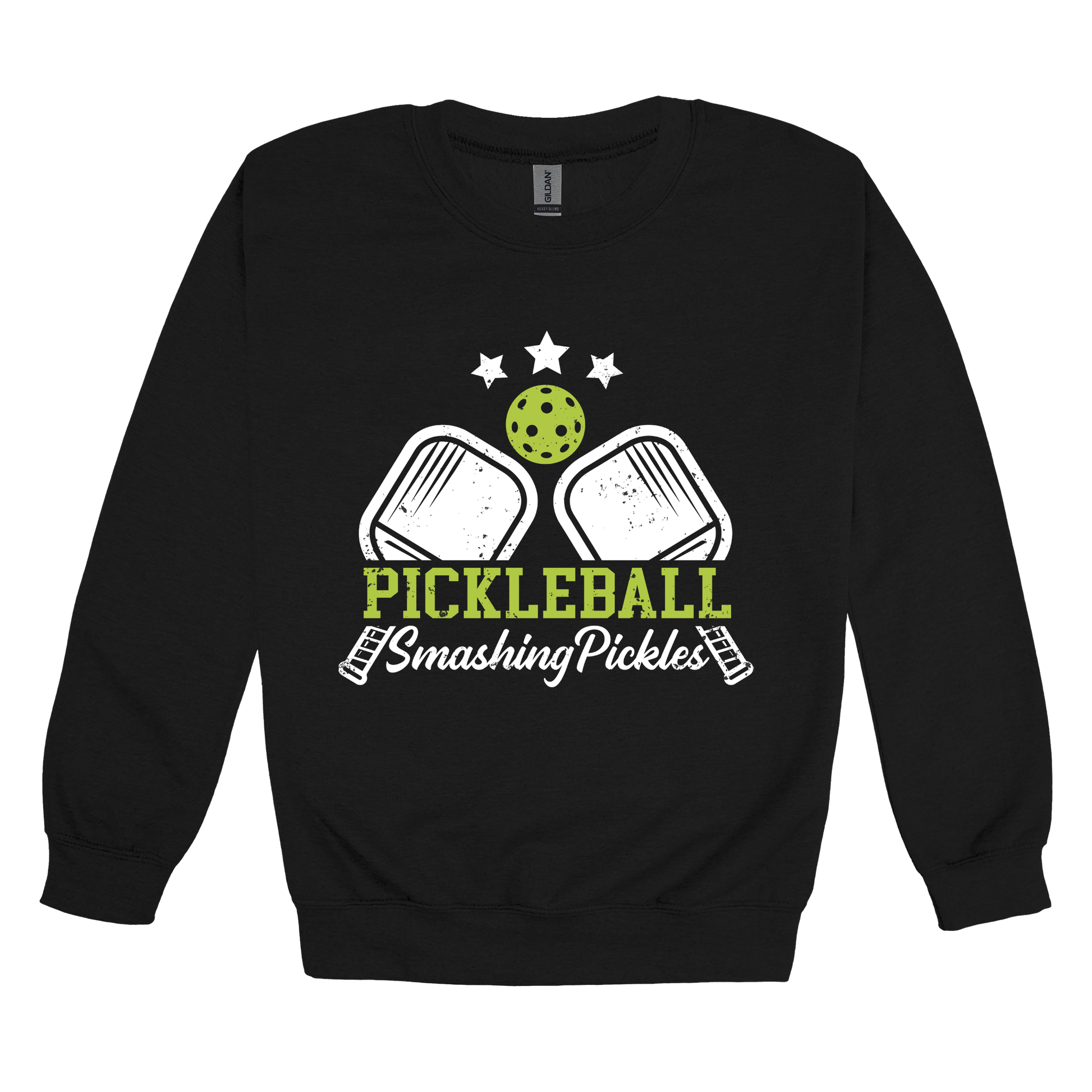 Pickleball design shown on Black adult Gildan crewneck sweatshirt.