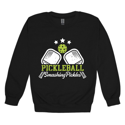Pickleball design shown on Black adult Gildan crewneck sweatshirt.