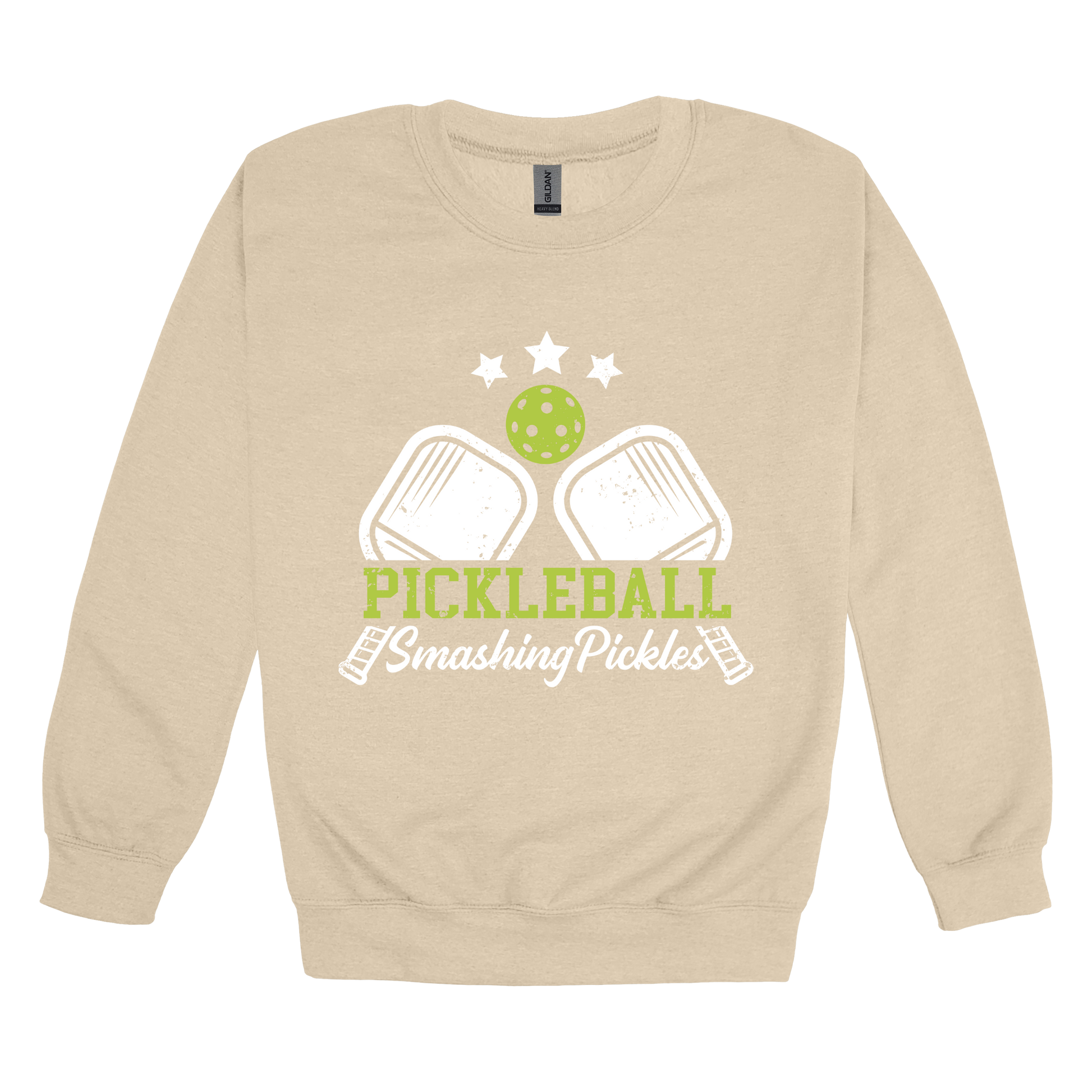 Pickleball design shown on Sand adult Gildan crewneck sweatshirt.