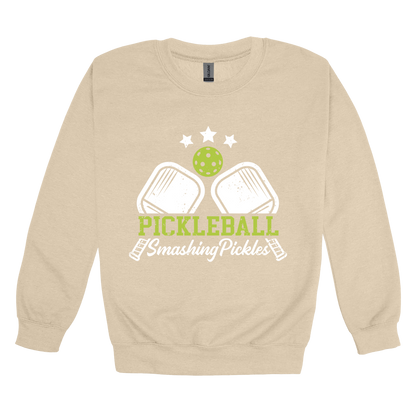 Pickleball design shown on Sand adult Gildan crewneck sweatshirt.