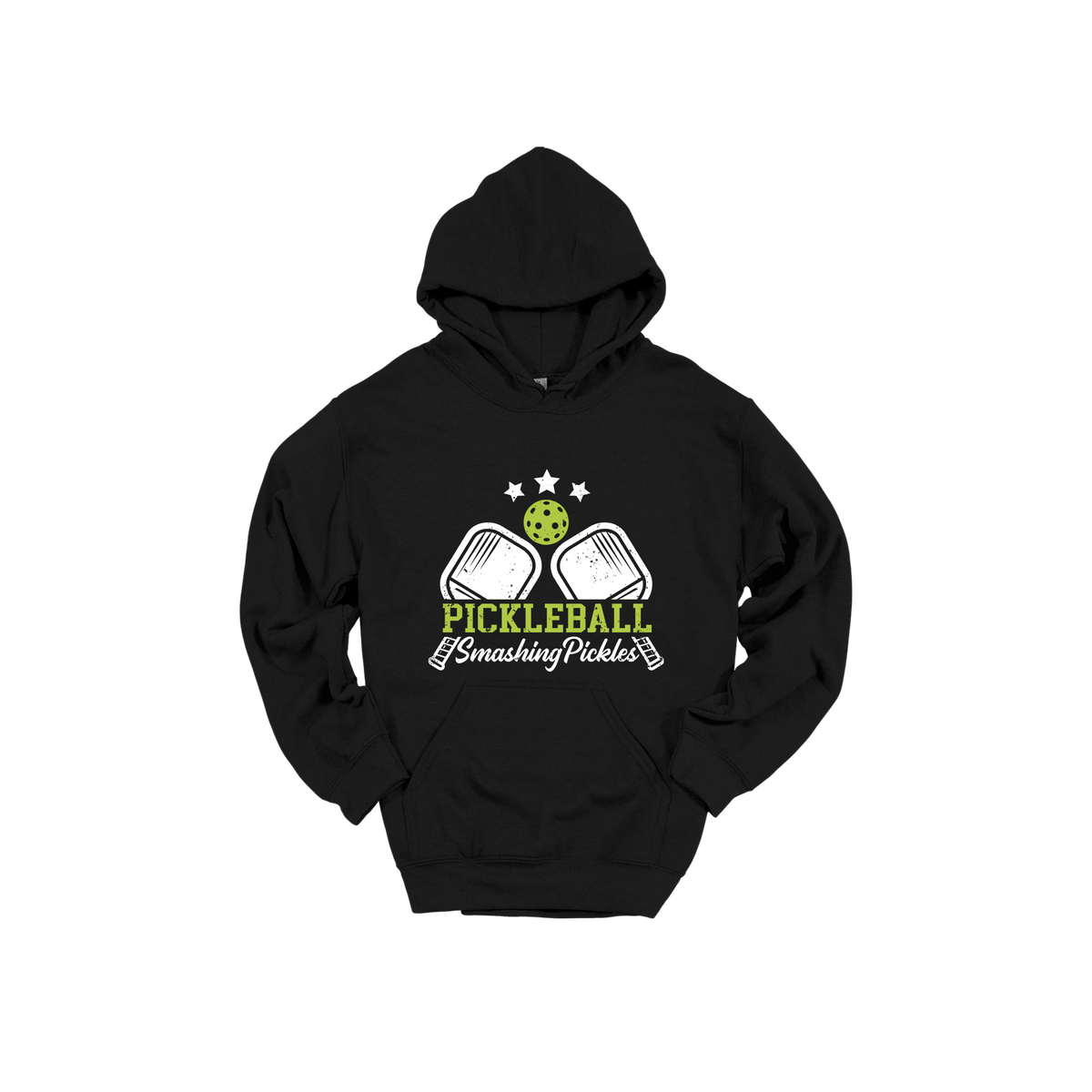 Pickleball design shown on Black adult Gildan hoodie.
