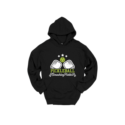 Pickleball design shown on Black adult Gildan hoodie.