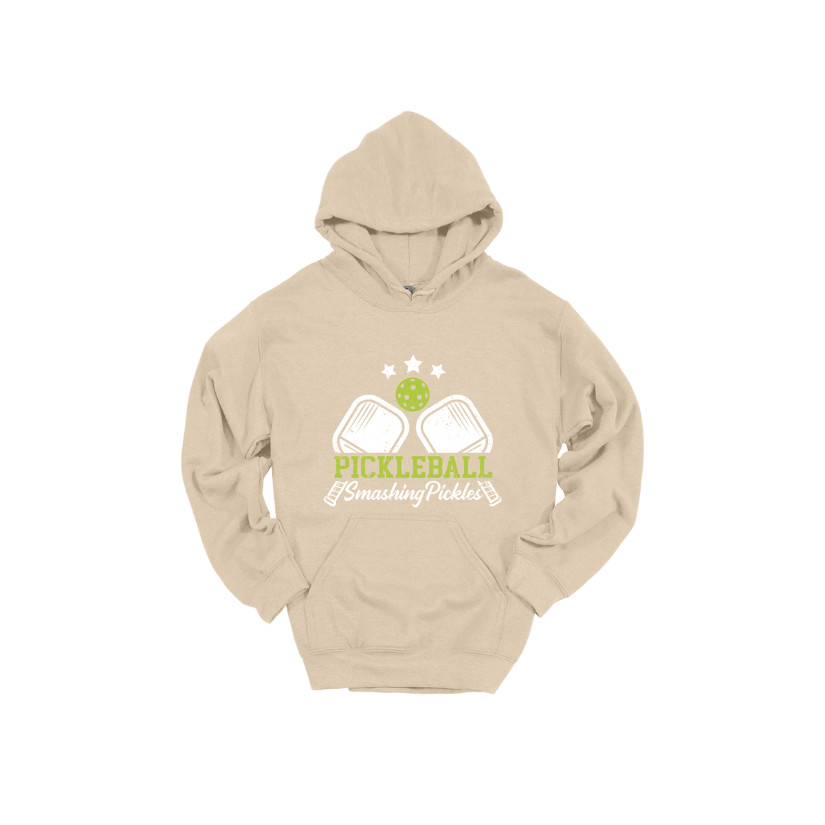 Pickleball design shown on Sand adult Gildan hoodie.