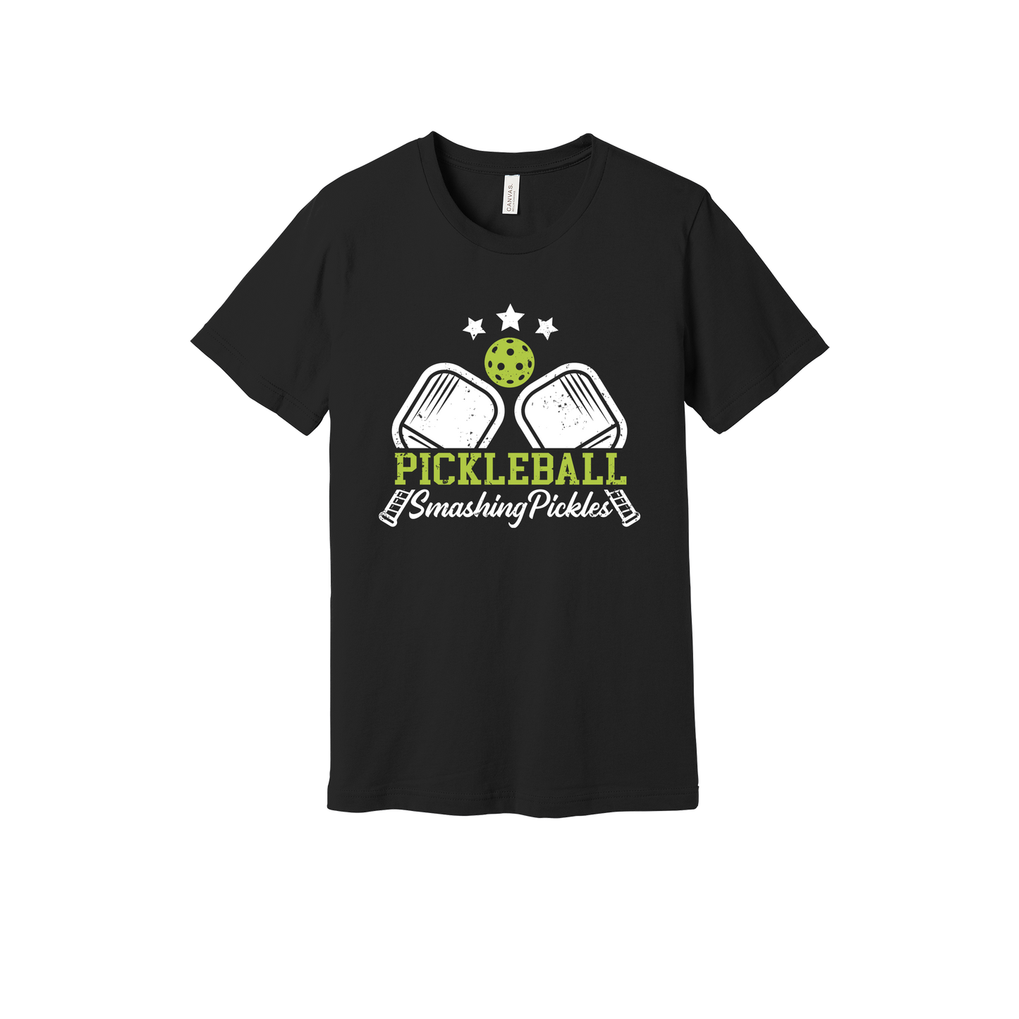 Pickleball design shown on Black adult Bella+Canvas 3001 T-shirt.