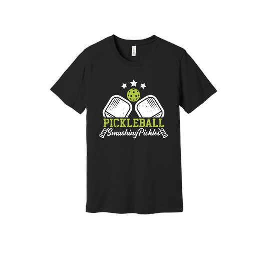 Pickleball design shown on Black adult Bella+Canvas 3001 T-shirt.