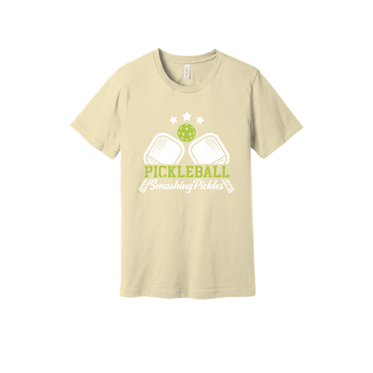 Pickleball design shown on Natural adult Bella+Canvas 3001 T-shirt.