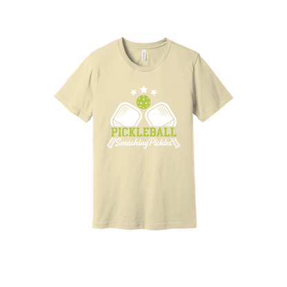 Pickleball design shown on Natural adult Bella+Canvas 3001 T-shirt.