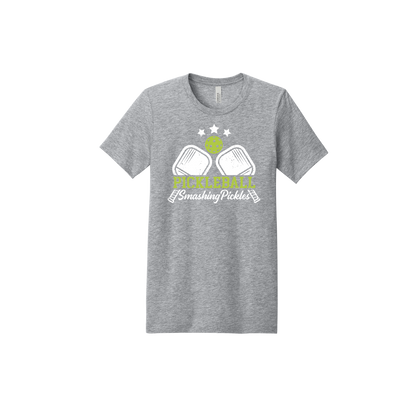 Pickleball design shown on Heather Athletic adult Bella+Canvas BC3001CVC T-shirt, front view.