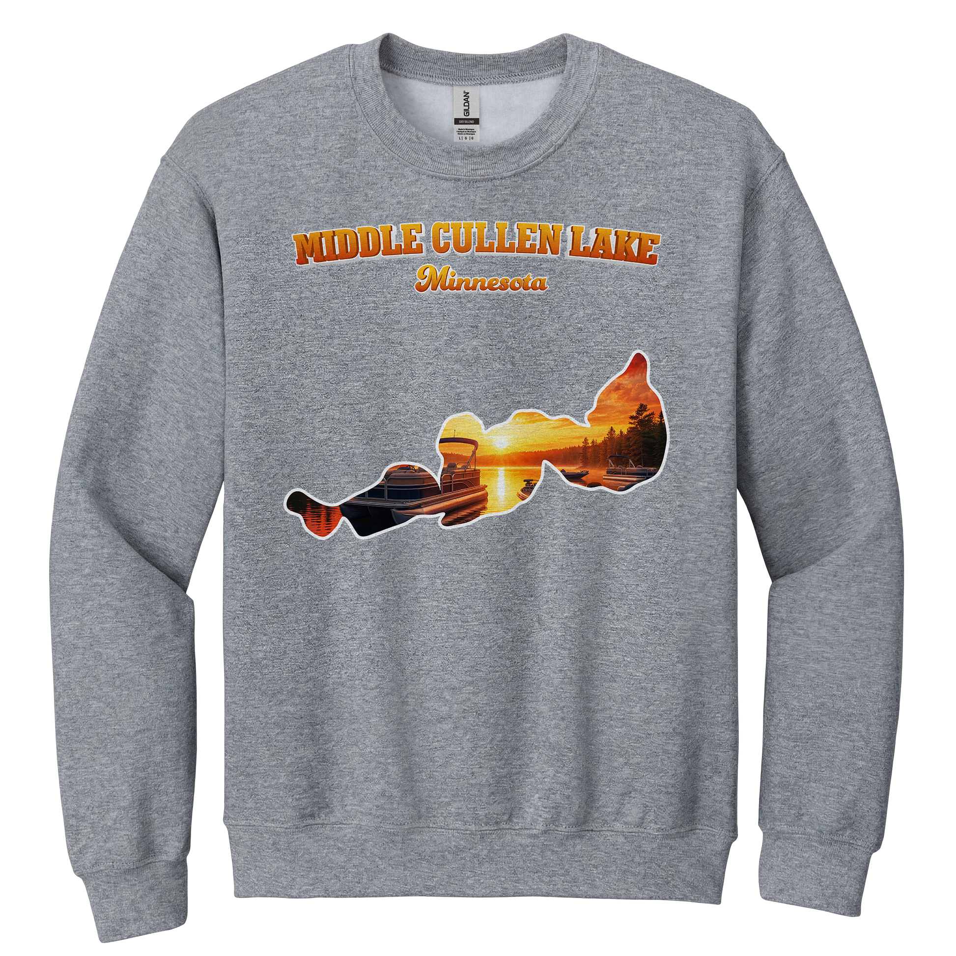Middle Cullen Lake design on Heather Grey crewneck sweatshirt