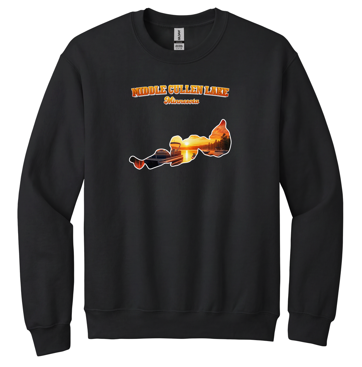 Middle Cullen Lake design on Black crewneck sweatshirt