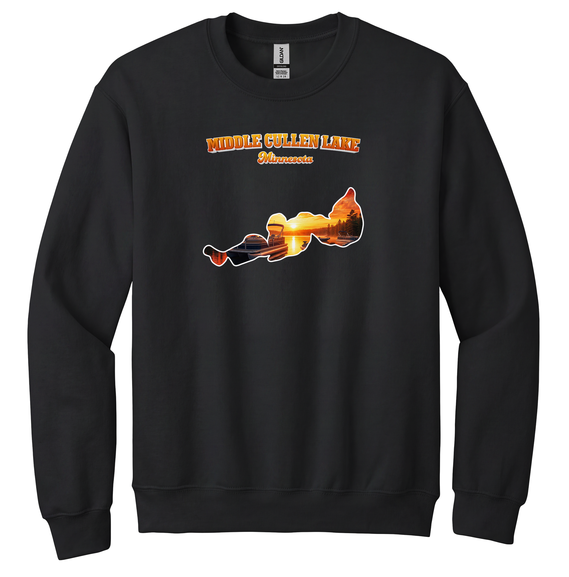 Middle Cullen Lake design on Black crewneck sweatshirt