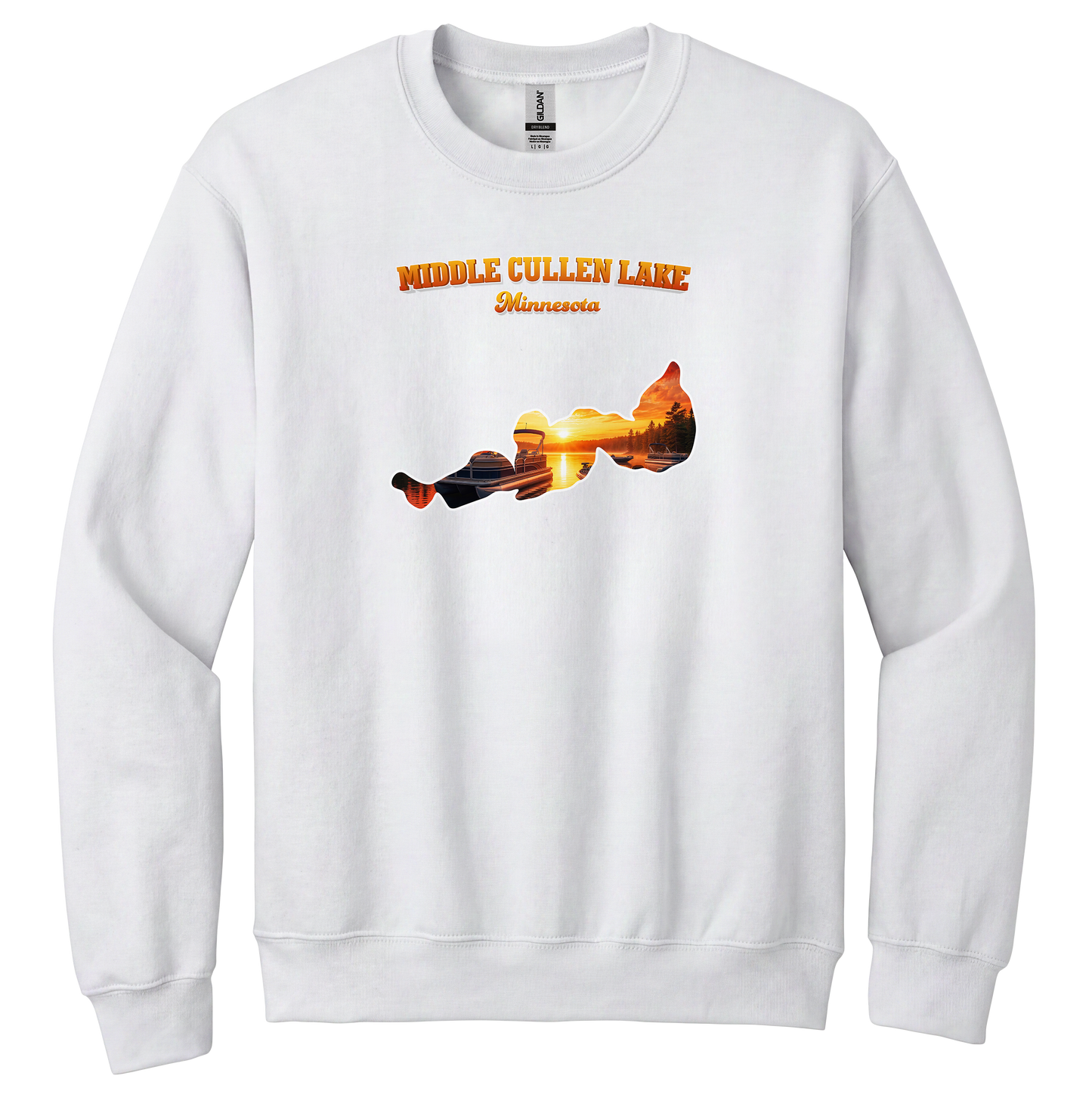 Middle Cullen Lake design on White crewneck sweatshirt