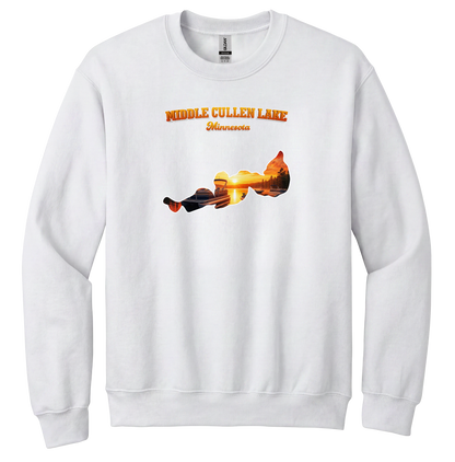 Middle Cullen Lake design on White crewneck sweatshirt