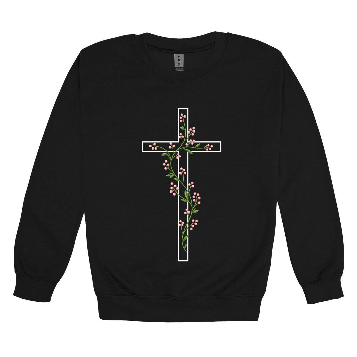 Floral Cross Apparel — black adult-crewneck front