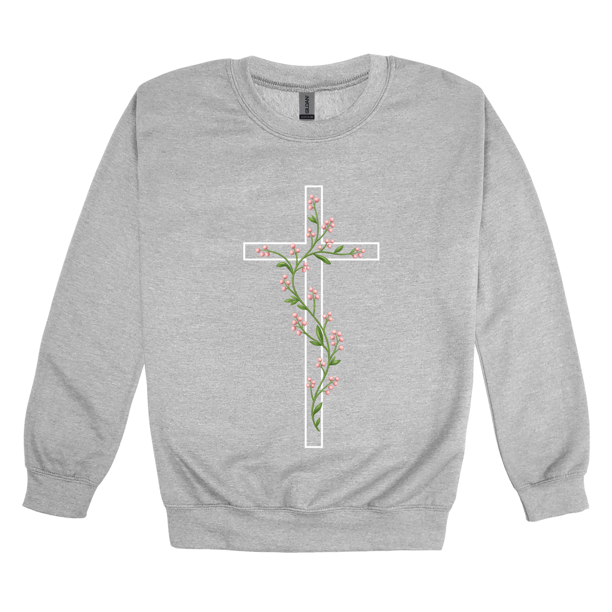 Floral Cross Apparel — gray adult-crewneck front