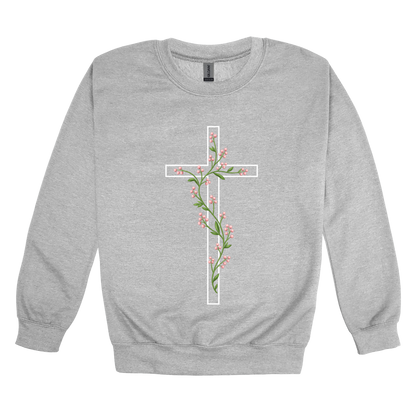 Floral Cross Apparel — gray adult-crewneck front