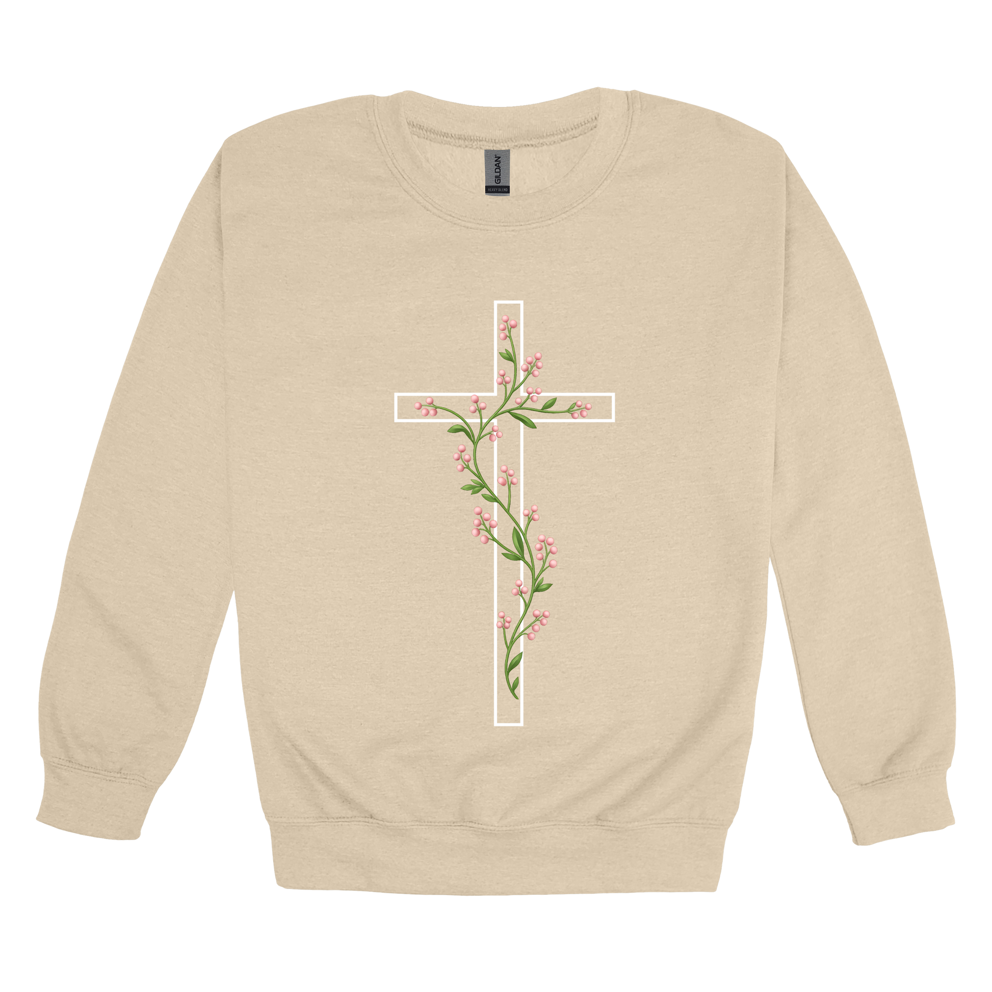 Floral Cross Apparel — tan adult-crewneck front