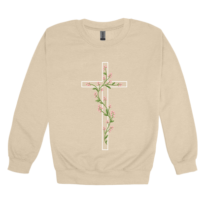 Floral Cross Apparel — tan adult-crewneck front