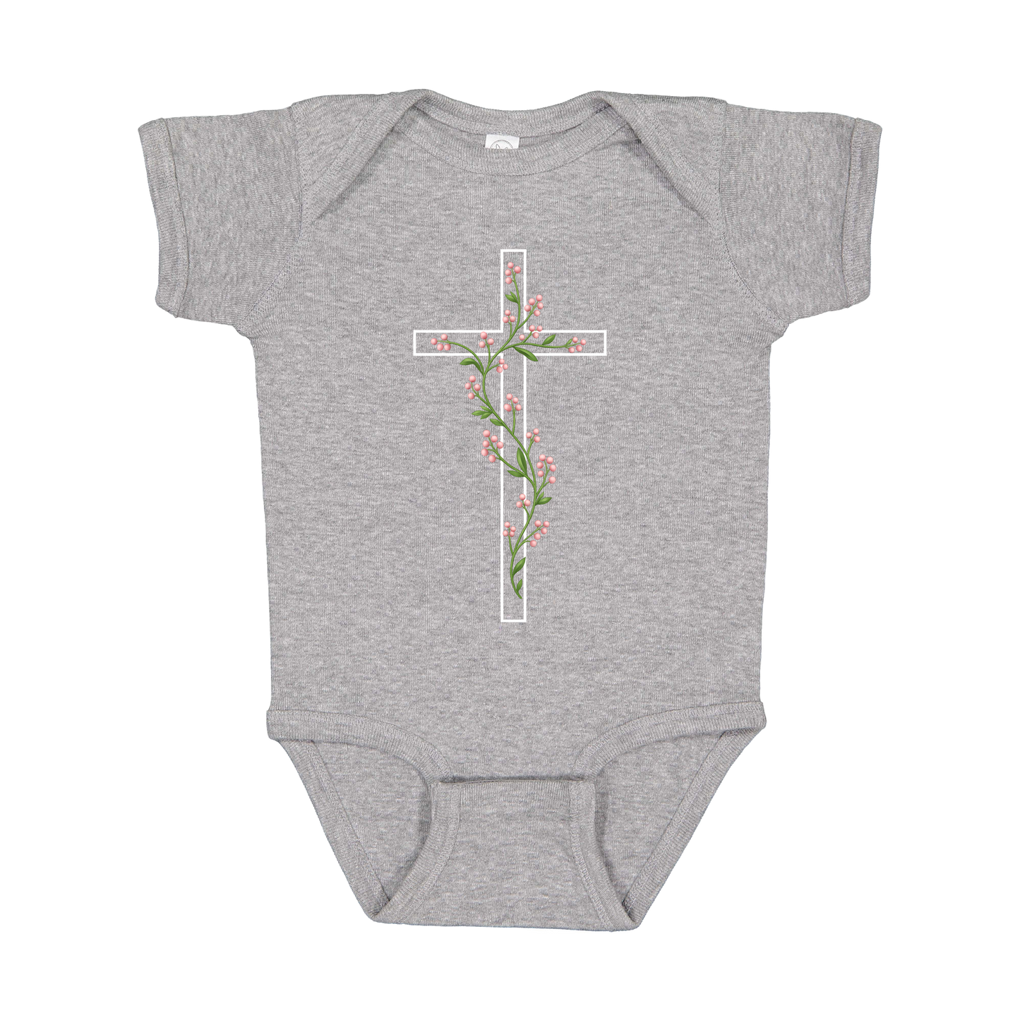 Floral Cross Apparel — gray infant-onesie front