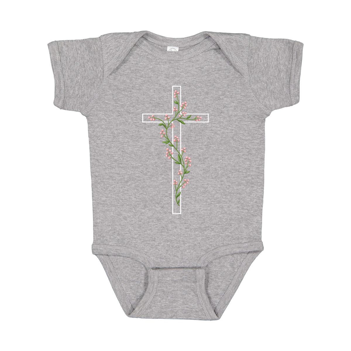 Floral Cross Apparel — gray infant-onesie front
