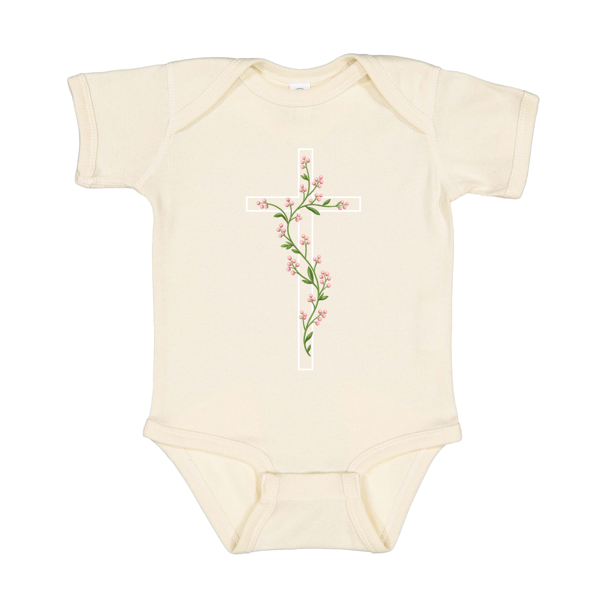 Floral Cross Apparel — tan infant-onesie front