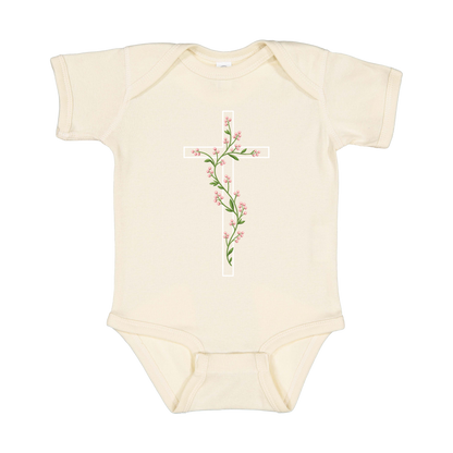 Floral Cross Apparel — tan infant-onesie front