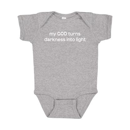My God Turns Darkness into Light Apparel — gray infant-onesie front