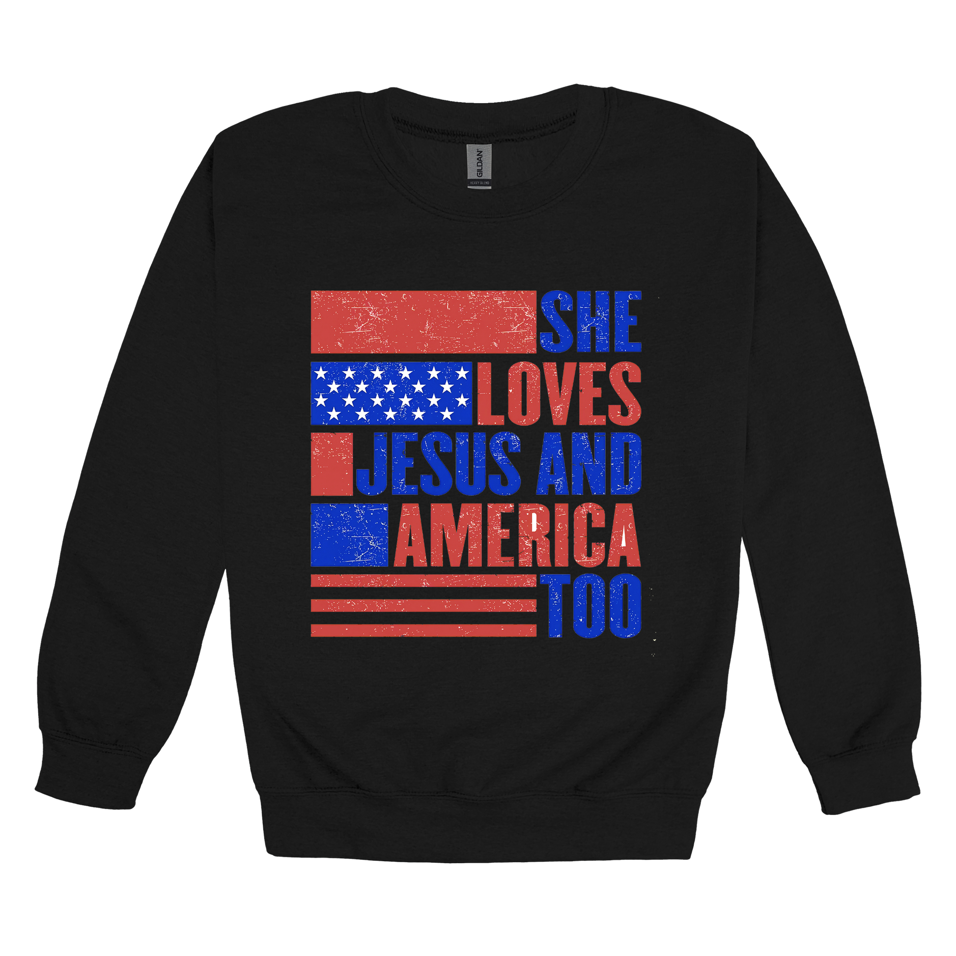 She Loves Jesus and America Too Apparel — black adult-crewneck front