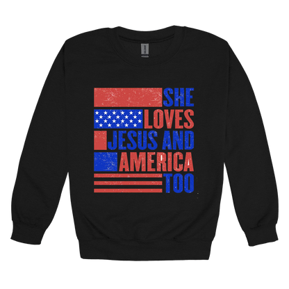 She Loves Jesus and America Too Apparel — black adult-crewneck front