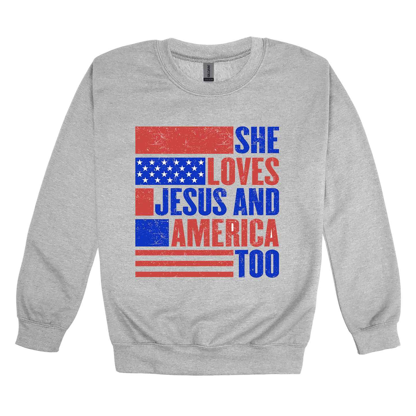 She Loves Jesus and America Too Apparel - gray adult-crewneck front