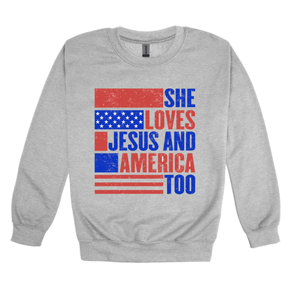 She Loves Jesus and America Too Apparel - gray adult-crewneck front
