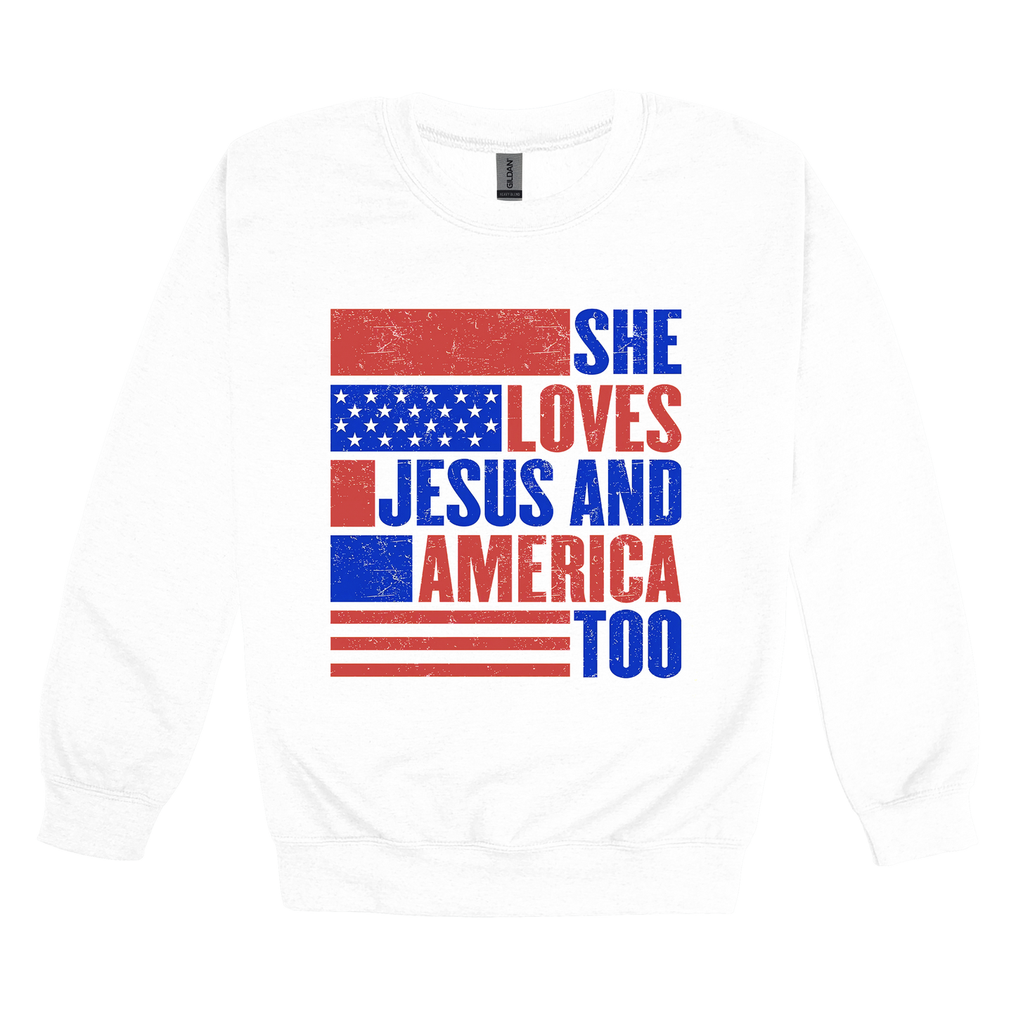 She Loves Jesus and America Too Apparel — white adult-crewneck front
