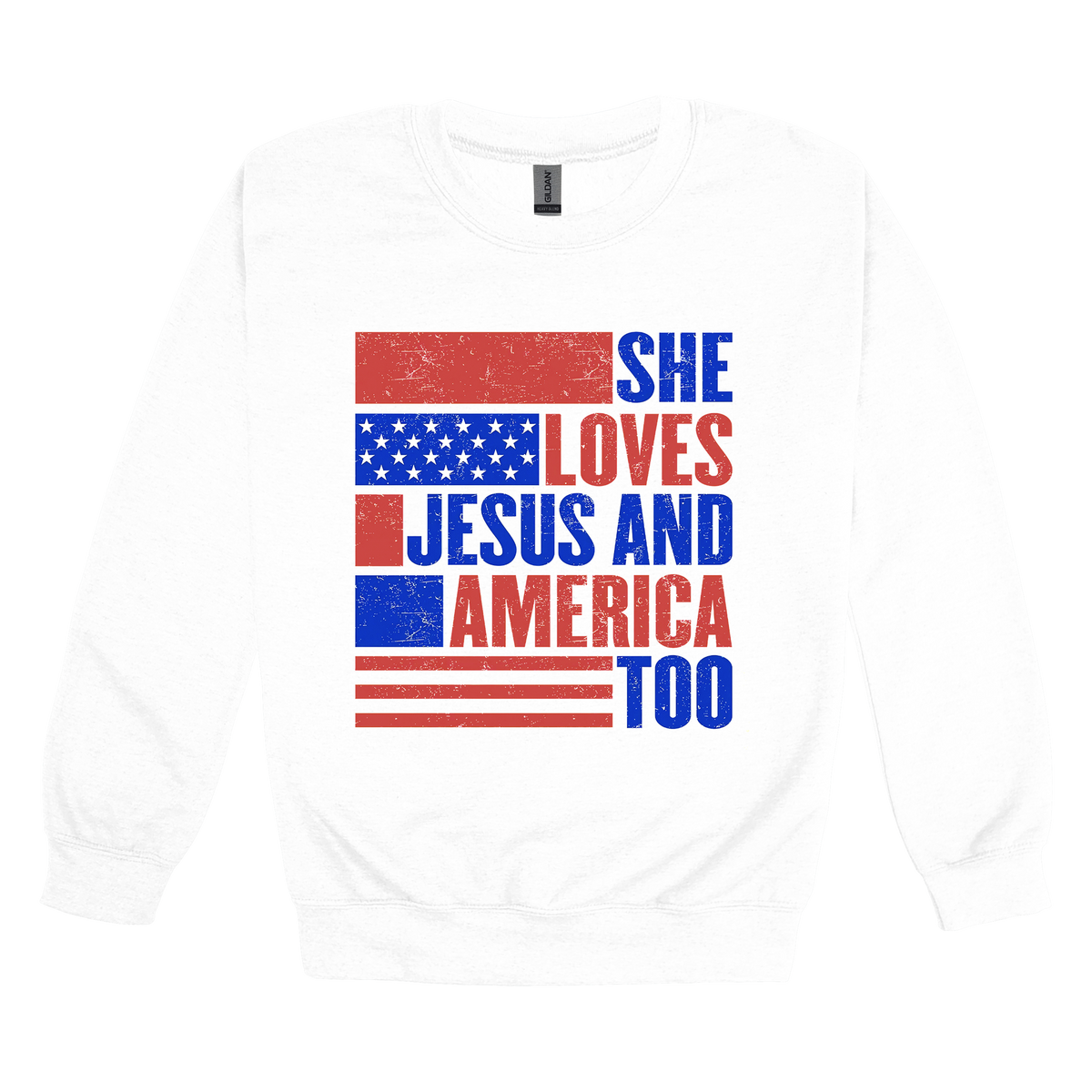 She Loves Jesus and America Too Apparel — white adult-crewneck front