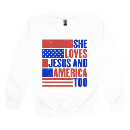 She Loves Jesus and America Too Apparel — white adult-crewneck front