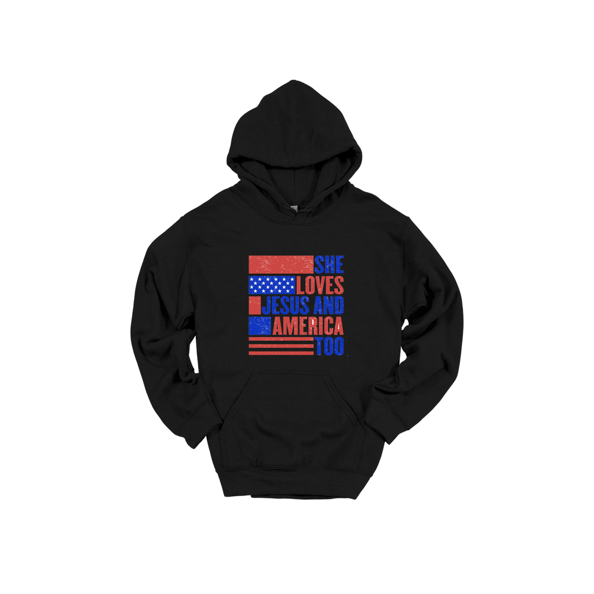 She Loves Jesus and America Too Apparel — black adult-hoodie front