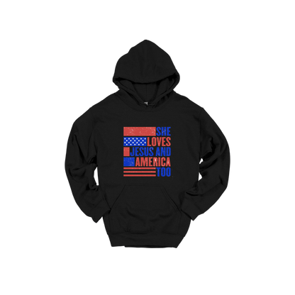 She Loves Jesus and America Too Apparel — black adult-hoodie front