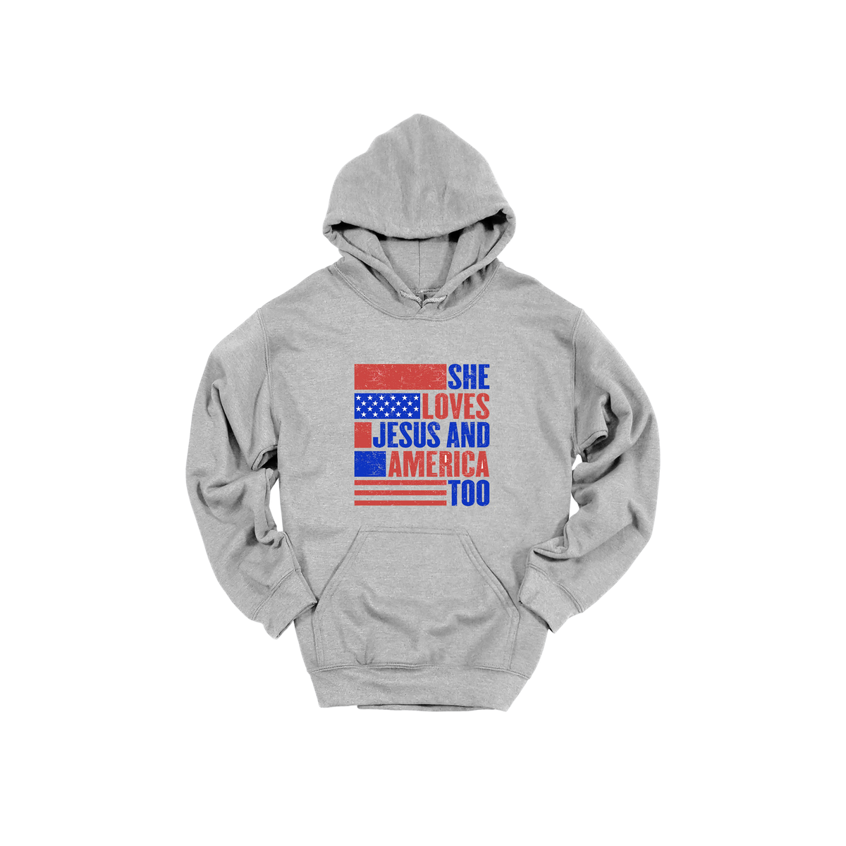 She Loves Jesus and America Too Apparel - gray adult-hoodie front