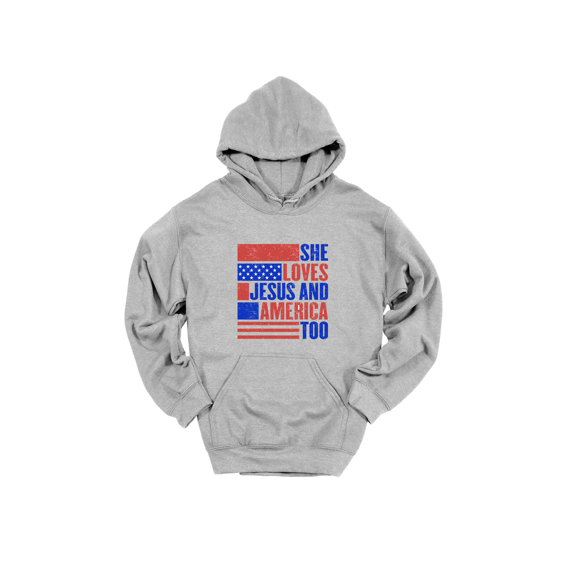 She Loves Jesus and America Too Apparel - gray adult-hoodie front