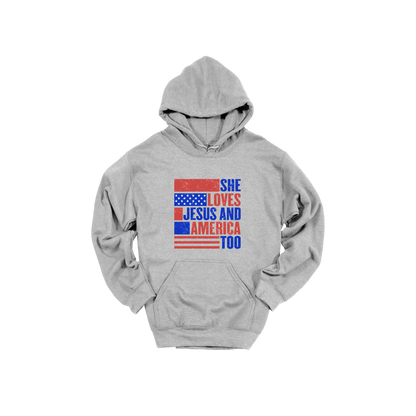 She Loves Jesus and America Too Apparel - gray adult-hoodie front