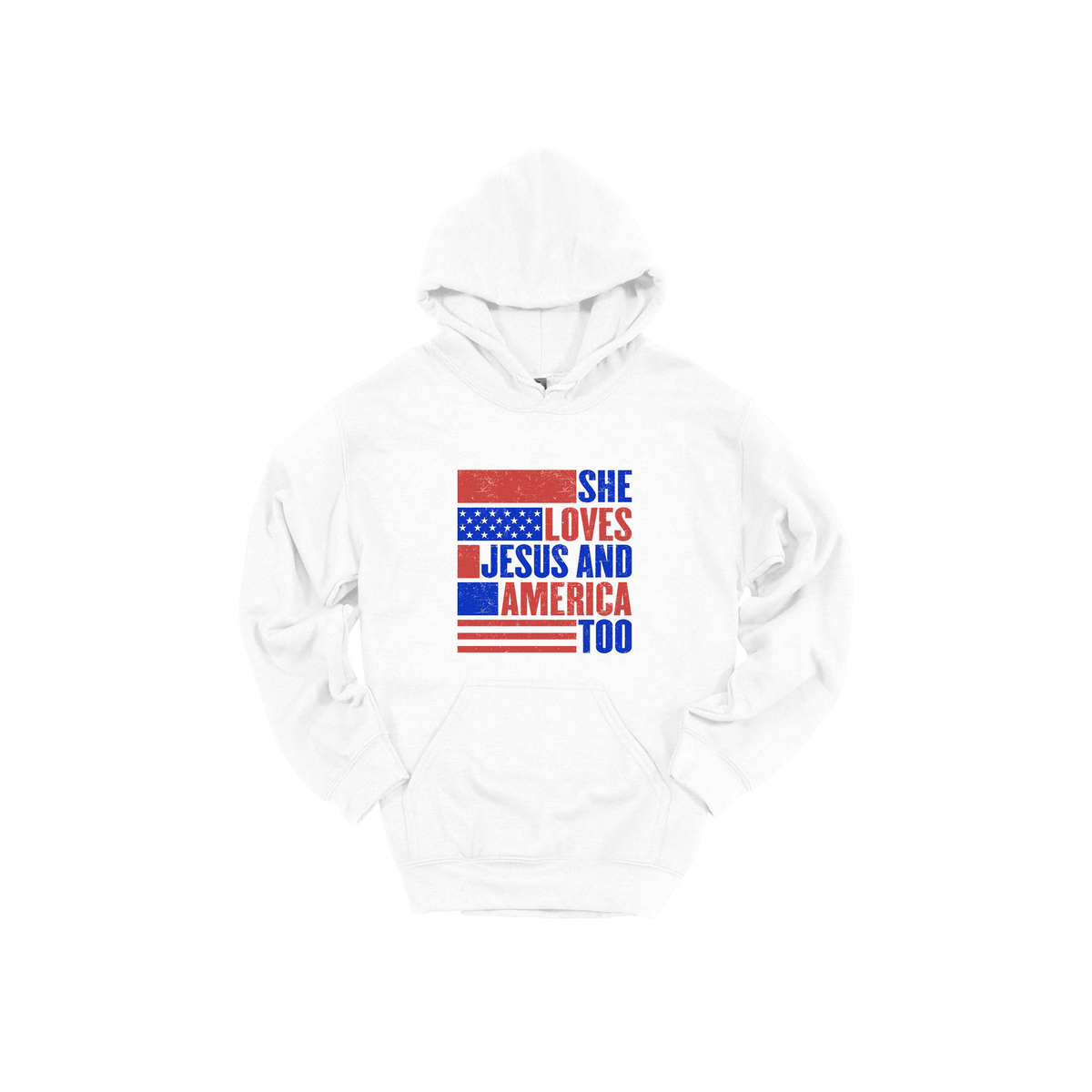 She Loves Jesus and America Too Apparel — white adult-hoodie front